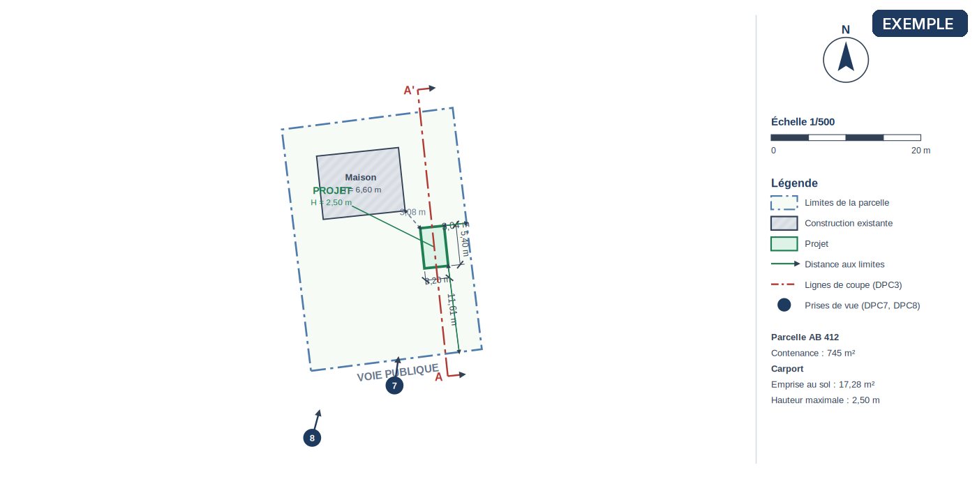 DPC2 — Plan de masse coté — exemple de déclaration préalable carport