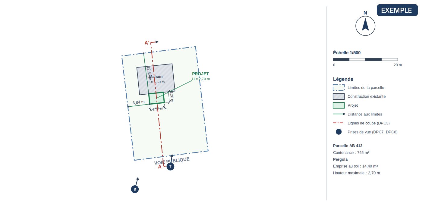 DPC2 — Plan de masse coté — exemple de déclaration préalable pergola