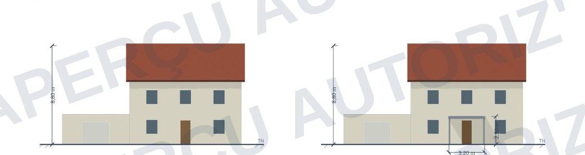 Façade avant de la maison, état existant et état projeté avec un carport adossé