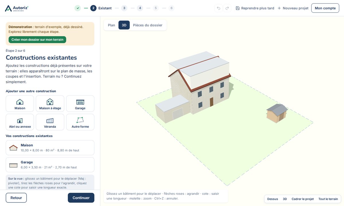 Logiciel de déclaration préalable : maison à étage et garage existants représentés en 3D sur la parcelle