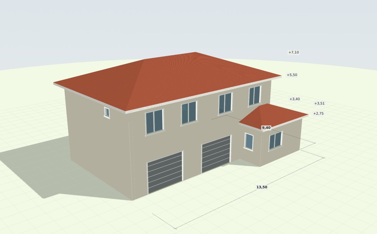 Maison en 3D avec son annexe et son préau, vue du sud-ouest